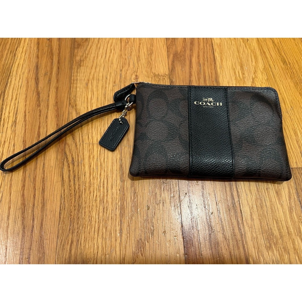 Coach Signature Monogram Zip Wristlet Wallet Strap Brown/Black Card Holder 6x4